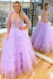 Straps Lavender Appliques Tulle Long Party HZ0307