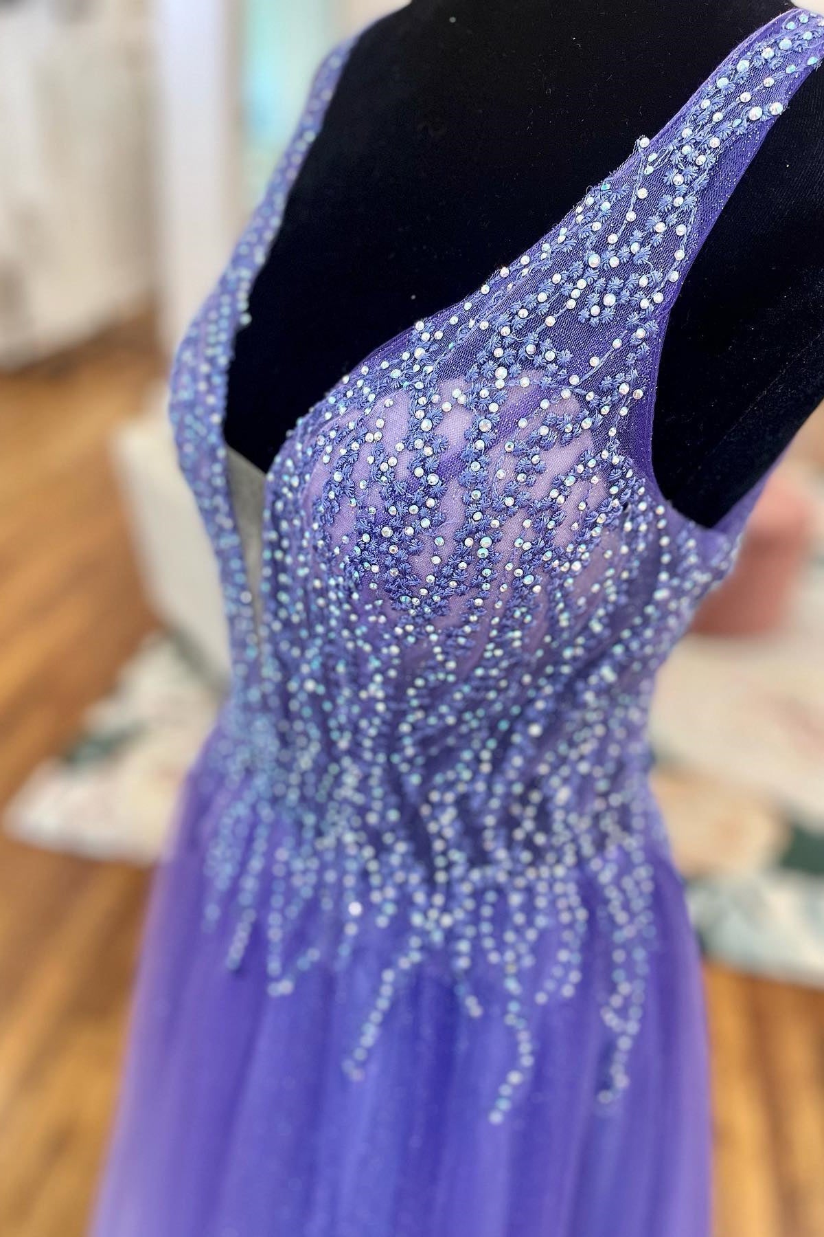 Beaded Purple Tulle A-line Long Formal HZ0307