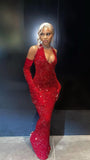 Black Girl Red Halter Sequin Mermaid Prom Dresses V-Neck Full Length Ball HZ0307