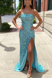 Blue Sequin Strapless Mermaid Long Prom Dress with HZ0307