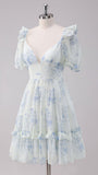 Chic Floral Chiffon Homecoming Dress, Floral Short Party Dress, Back To School HZ0307