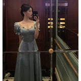 Classy A Line Sweetheart Blue Satin Prom Dresses Birthday Outfits Evening Gown , HZ0307