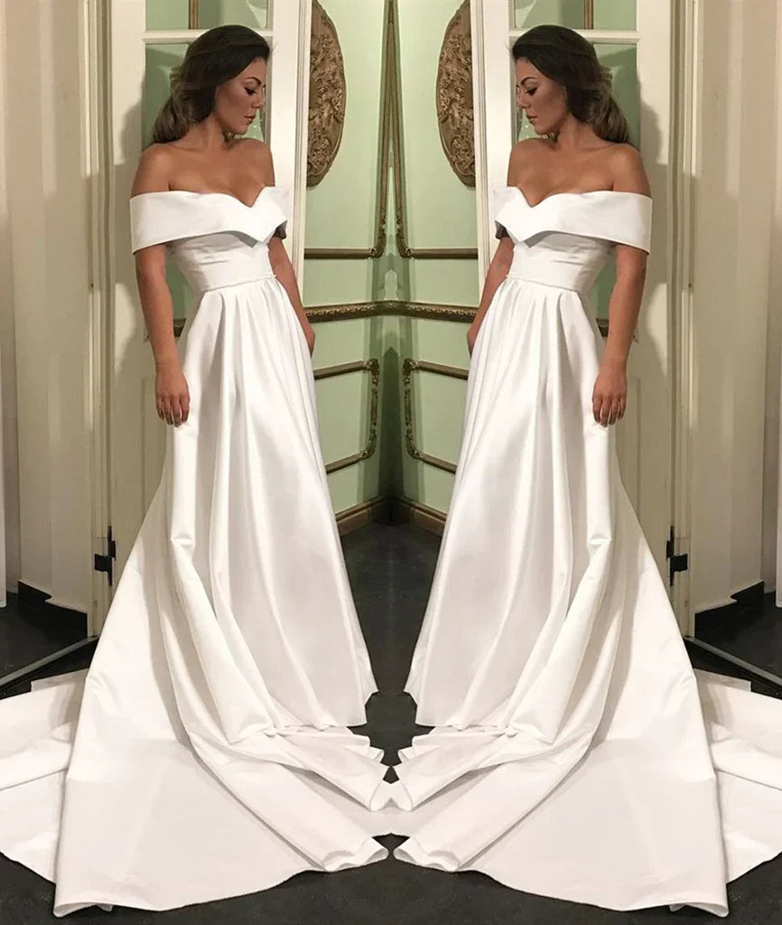 Off The Shoulder White Satin Custom Made Cheap Wedding HZ0307