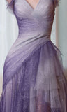 Glitter Purple Gradient Color Tulle Prom Dresses Ruffle Evening HZ0307