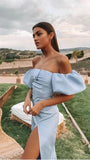 Off The Shoulder Prom Dress, Light Blue Split Party Dress, HZ0307