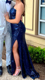 One Shoulder Blue Sequin Long Party Dress, Senior Prom Dresses, HZ0307