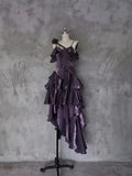 Pretty Irregular Ruffled Spaghetti Straps Grape Prom Dresses With Detachable Rose Long Birthday Dress For Women, HZ0307