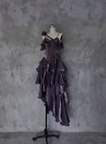 Pretty Irregular Ruffled Spaghetti Straps Grape Prom Dresses With Detachable Rose Long Birthday Dress For Women, HZ0307