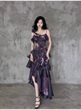 Pretty Irregular Ruffled Spaghetti Straps Grape Prom Dresses With Detachable Rose Long Birthday Dress For Women, HZ0307