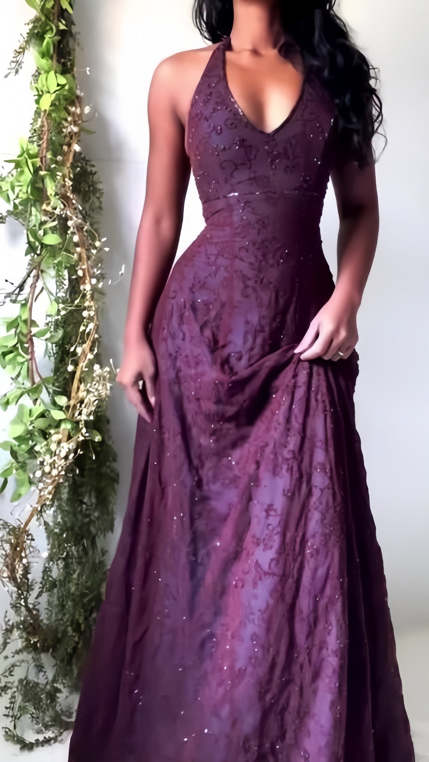 Purple Lace Halter Prom Dress Long V-Neck Evening Gown Formal Party HZ0307