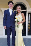 Yellow Mermaid Satin Long Prom Dresses Backless Evening Party HZ0307