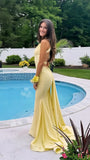 Yellow V-Neck Mermaid Prom Dresses Long Evening Party Dress With Cross HZ0307