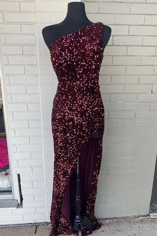 Burgundy Sequin One Shoulder Mermaid Long Party Dress with HZ0307