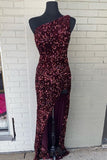 Burgundy Sequin One Shoulder Mermaid Long Party Dress with HZ0307