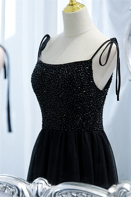 Black A-line Beaded Tulle Long Formal HZ0307